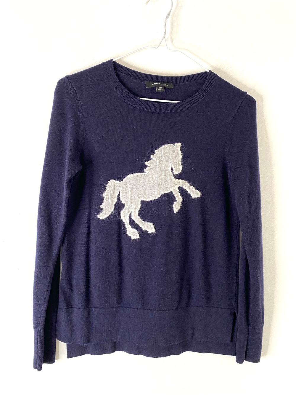 Ann Taylor Equestrian Wool Blend Sweater Horse Graphic Hi Lo Navy Knit